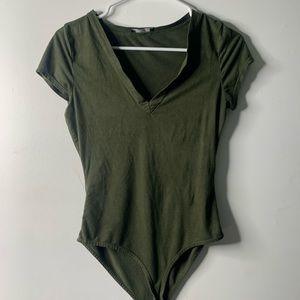 Dark Green V-neck Suede Material Bodysuite